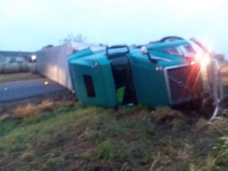 Semi-truck rollover blocked an entire road this morning near MO 37