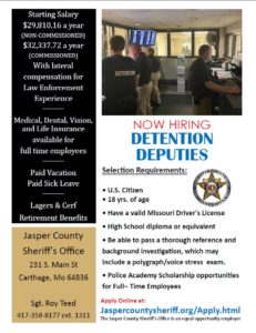 Jasper County Sheriff’s Office seeking Detention Deputies