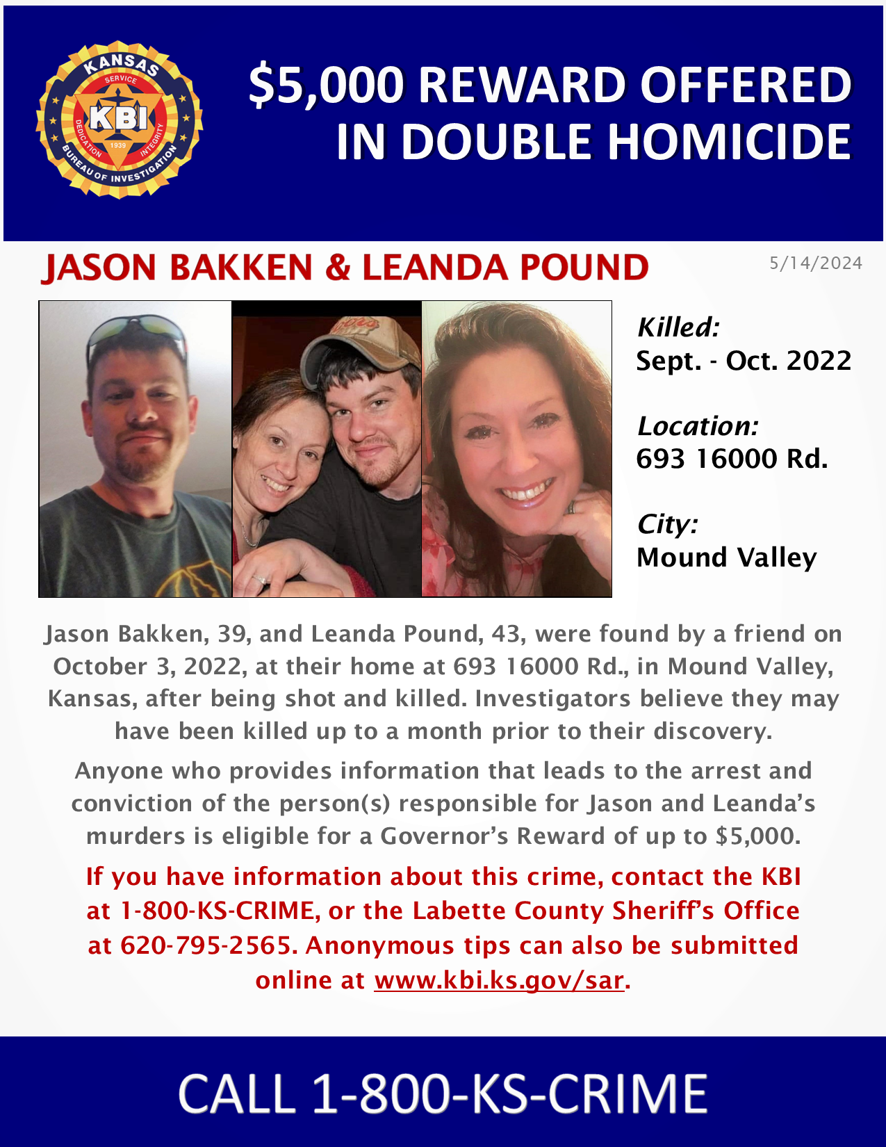 Reward In Homicides Of Bakken And Pound